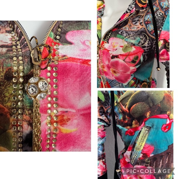 WOMEN VELOUR TRACKSUIT 2P SET JACKET/BLACK PANTS LOUNGEWEAR FLORAL PRINT HOODED‎ - Picture 4 of 12